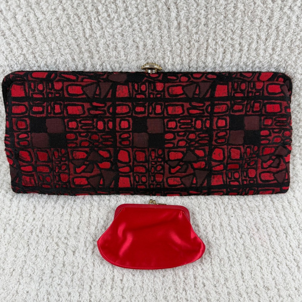 Palizzio‎ New York Vintage Red Black Geometric Tapestry Clutch Coin Purse EUC